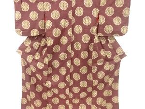 アンティーク　丸に幾何学模様織り出し　手織り紬着物